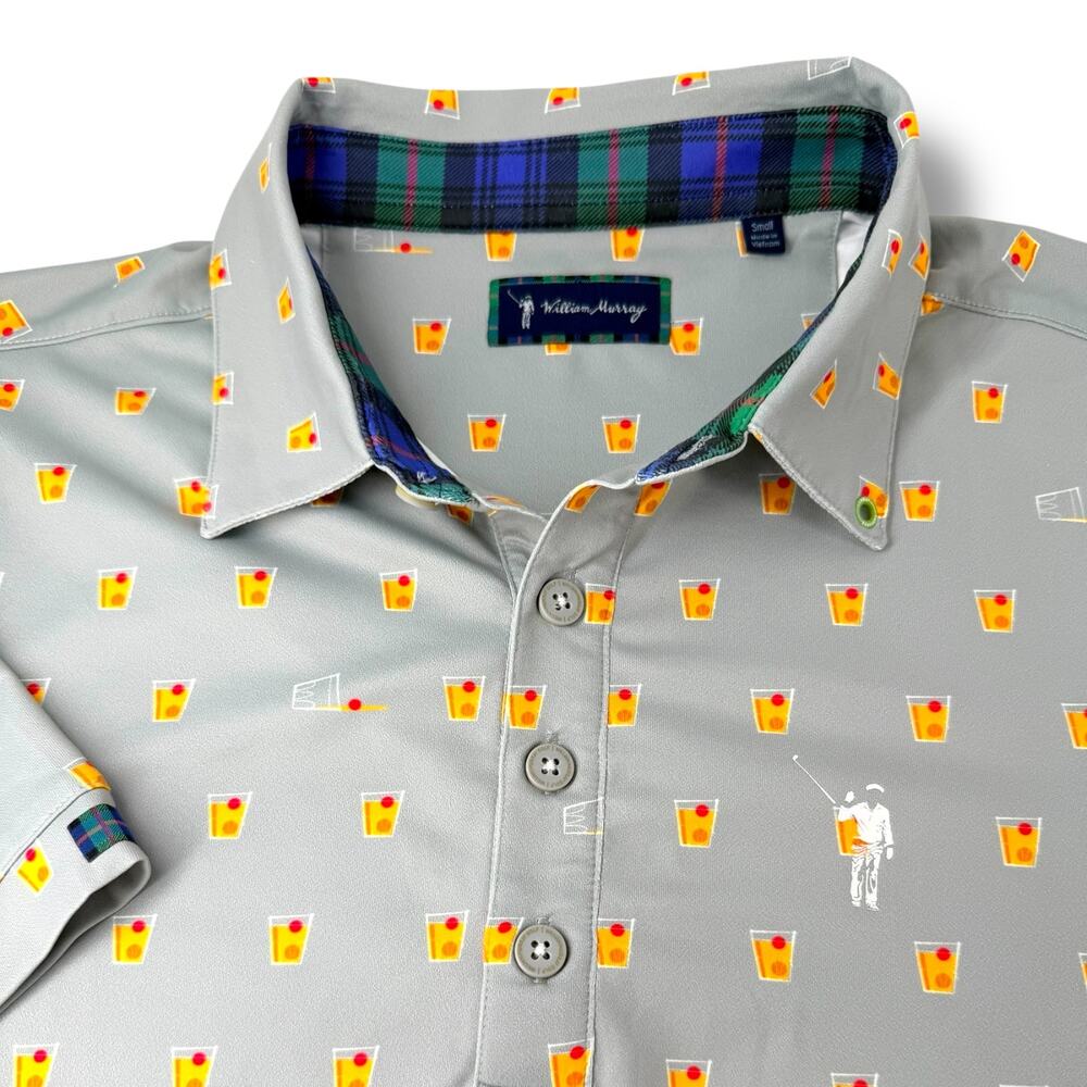 William Murray Golf Polo Small Grey Old Fashioned Whiskey Print Stretch‎ Golf